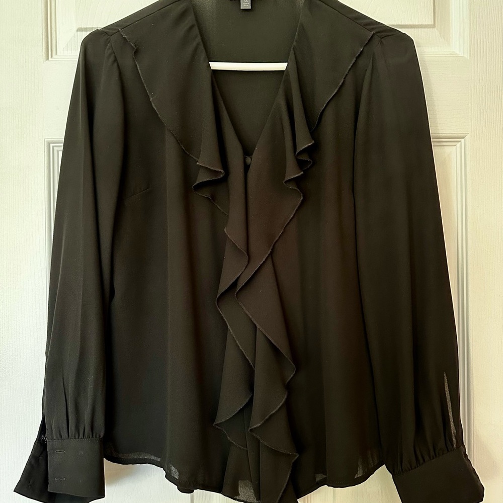 The Limited Black Ruffle Front Long-Sleeve Blouse